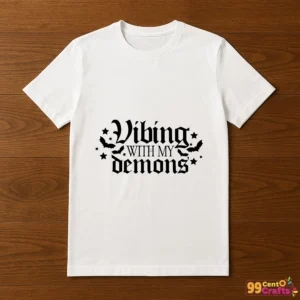 T-shirt mockup featuring Vibing With My Demons gothic dark humor design