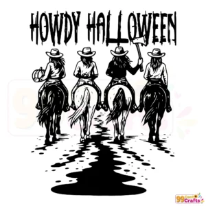 Western Halloween SVG design featuring howdy cowgirl and horse clipart for Cricut cutting machines