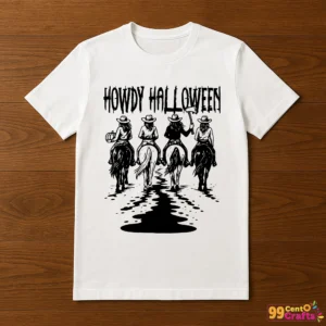 Western Halloween cowgirl and horse design printed on t-shirt mockup showing apparel application