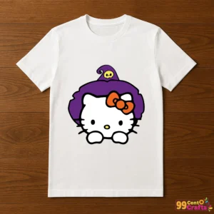 Witch Hello Kitty Halloween design printed on t-shirt mockup showing cute witch hat SVG application