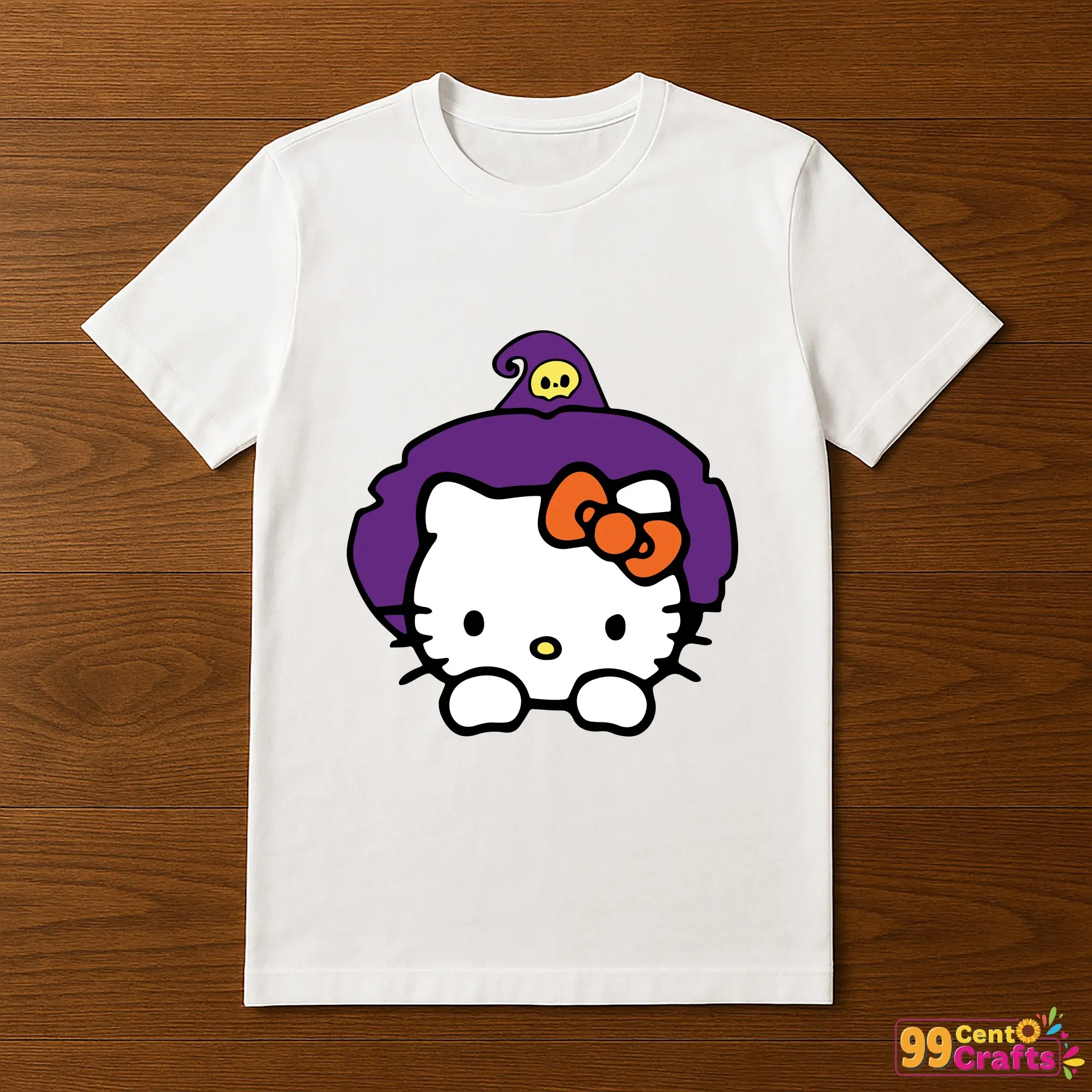 Witch Hello Kitty Halloween design printed on t-shirt mockup showing cute witch hat SVG application
