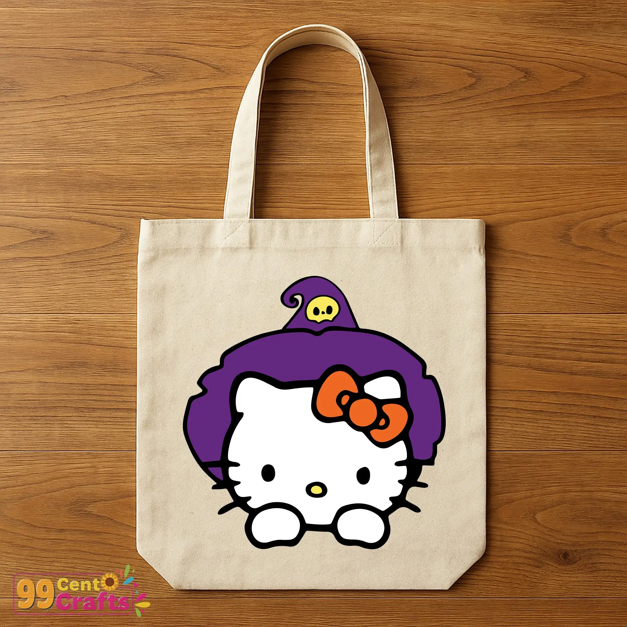Witch Hello Kitty Halloween SVG design on tote bag mockup perfect for trick-or-treat bags