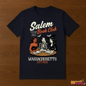 Witchy Book Club Salem Halloween design printed on t-shirt mockup showing spooky book club graphics