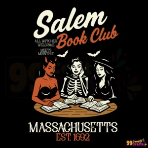 Witchy Book Club Salem Massachusetts Halloween SVG design with spooky typography and mystical book club elements