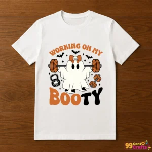 Working on My Booty Halloween ghost design printed on women's t-shirt mockup for gym fitness wear
