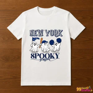 Yankees ghost Halloween SVG design printed on t-shirt mockup showing spooky baseball apparel