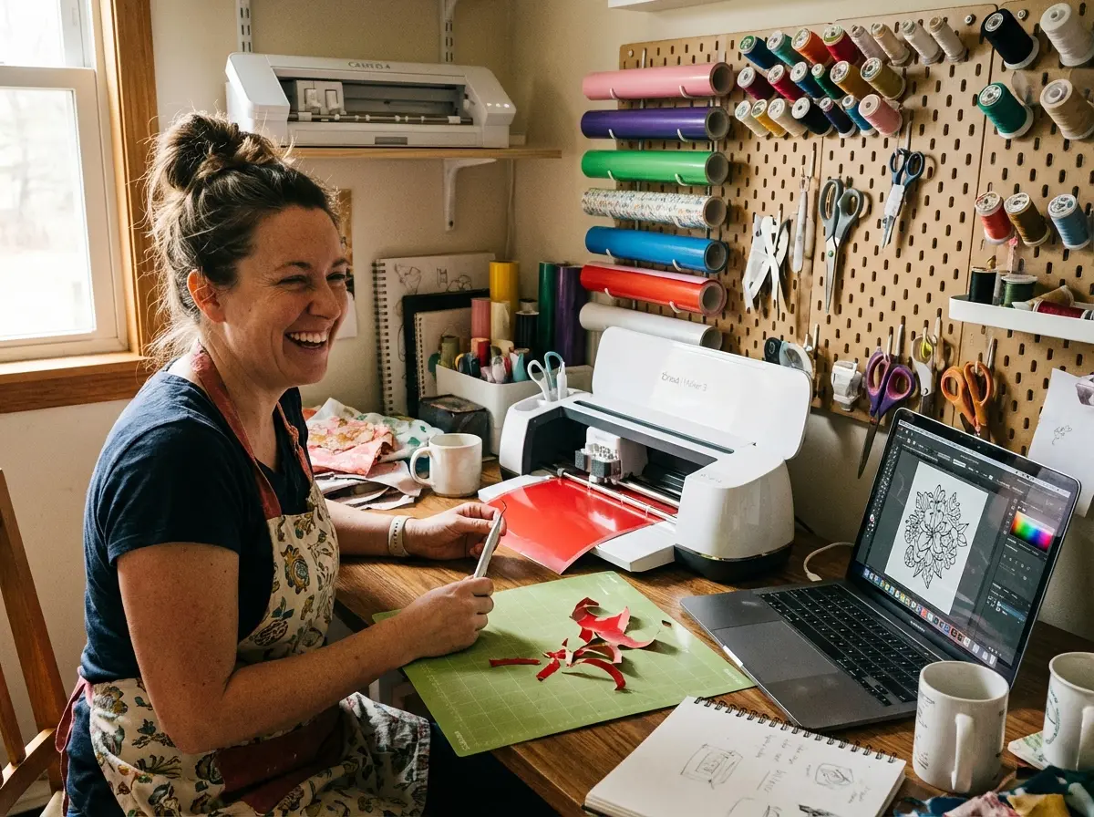 Amanda Hayes, founder of 99 Cent Crafts, smiling candidly while weeding a red vinyl design freshly cut on her Cricut Maker 3 in her busy home crafting studio.